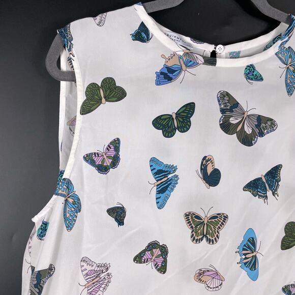 SOLD-Equipment Kyle Butterfly Print Top Sleeveless Blouse White Silk Sz L - Picture 5 of 10